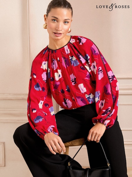 Love & Roses Red Poppy Pintuck Crew Neck Long Sleeve Blouse (AG8633) | £38