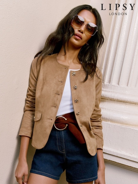 Lipsy Camel Suedette Collarless Jacket With a Touch of Linen (AG8636) | £66