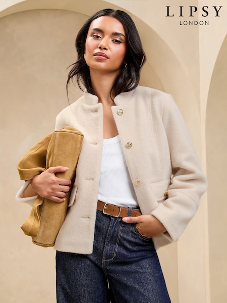 Lipsy Cream Brushed Textured Short Swing Bomber Jacket (AG8638) | £66