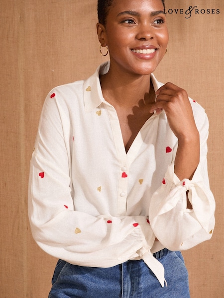 Love & Roses Ivory Heart Petite Embroidered Stripe Tie Cuff Shirt (AG8640) | £39