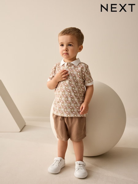 Ecru Abstract Print Short Sleeve Polo Shirt And Shorts Set (3mths-7yrs) (AG8746) | £14 - £18