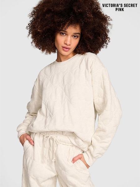 Victoria's Secret PINK Natural Heather White Quilted Heart Crewneck Sweatshirt (AG8945) | £55