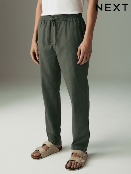 Dark Khaki Regular Tapered Fit Linen Cotton Elasticated Waist Drawstring Trousers (AG8964) | £30