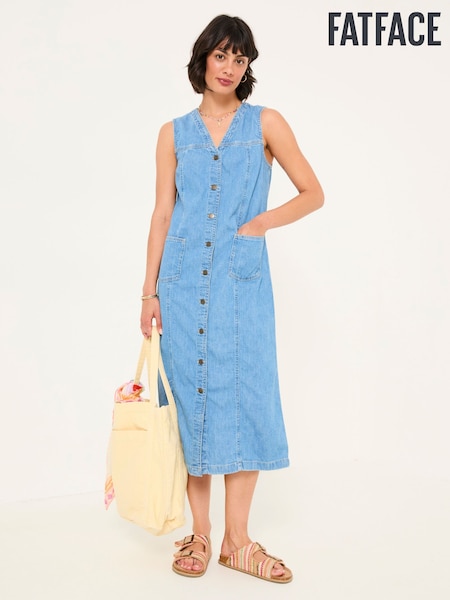 FatFace Light Blue Denim Denim 100% Cotton Shift Dress (AG8976) | £69