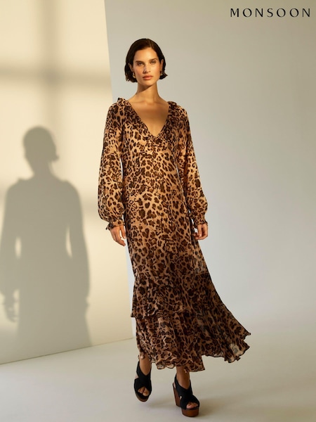 Monsoon Brown Rowena Leopard Print Ruffle Dress (AG8988) | £125