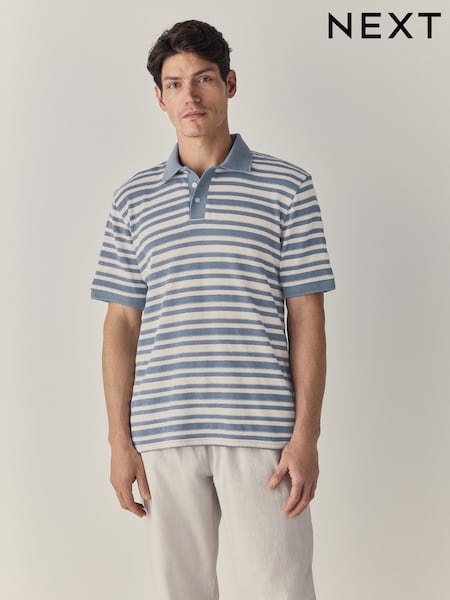 Blue Textured Stripe Button Neck Polo Shirt (AG9176) | £30
