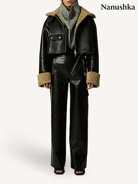 Nanushka Black Jemma Aviator Shearling Crop Jacket (AG9231) | £845
