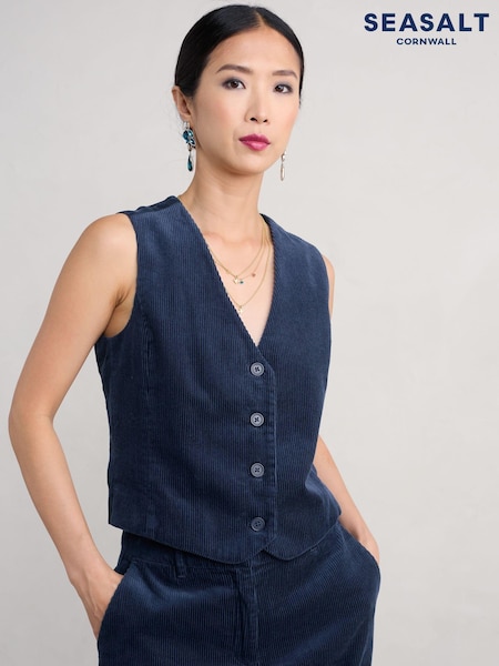 Seasalt Cornwall Blue Pinpoint 100% Organic Cotton Waistcoat (AG9665) | £66