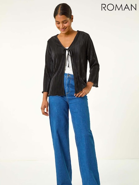 Roman Black Stretch Tie Detail Plisse Cardigan (AH1018) | £32