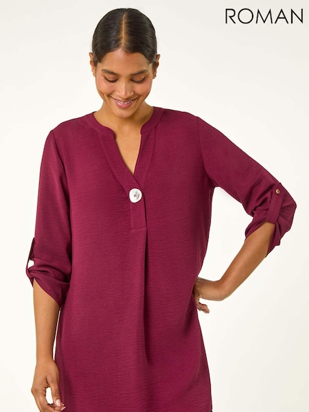 Roman Burgundy Red V-Neck Button Detail Top (AH1050) | £35