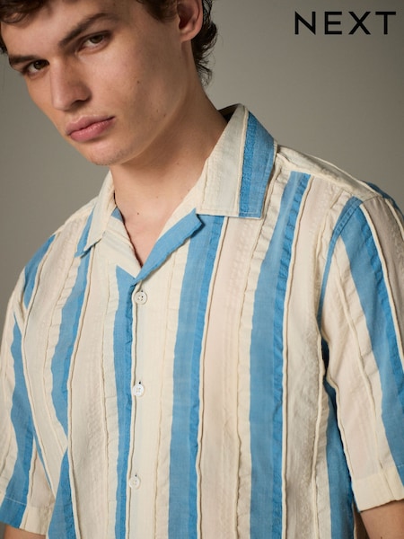 Blue 100% Cotton Textured Stripe Short Sleeve Shirt (AH1064) | £32
