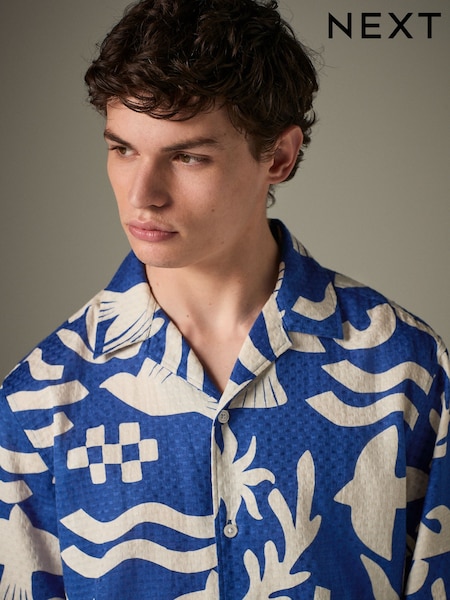 Blue Textured Printed Short Sleeve 100% Cotton Shirt (AH1070) | £30