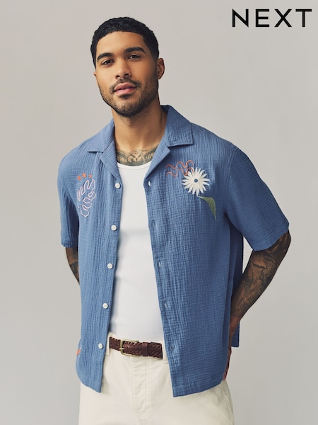 Blue 100% Cotton Cheesecloth Embroidered Short Sleeve Shirt (AH1073) | £32