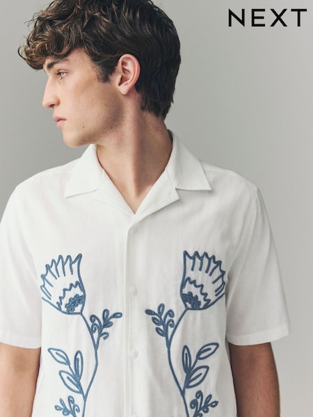 White Embroidered Flower Short Sleeve Shirt (AH1081) | £38