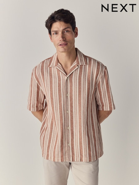 Red 100% Cotton  Textured Stripe Short Sleeve Shirt (AH1083) | £30