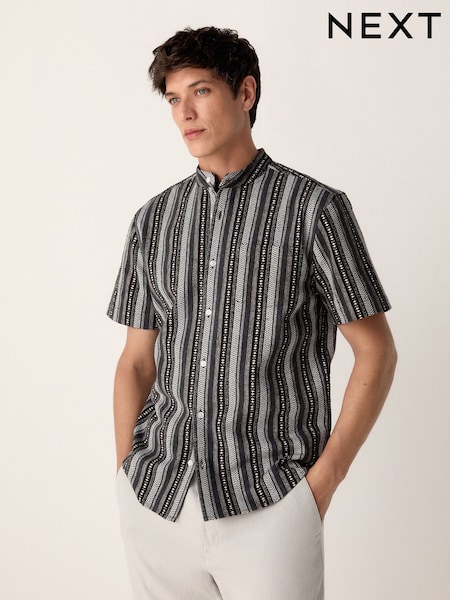 Black Textured Stripe Short Sleeve Shirt (AH1089) | £32