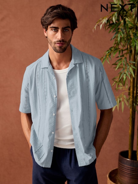 Blue 100% Cotton Textured Broderie Short Sleeve Shirt (AH1092) | £35