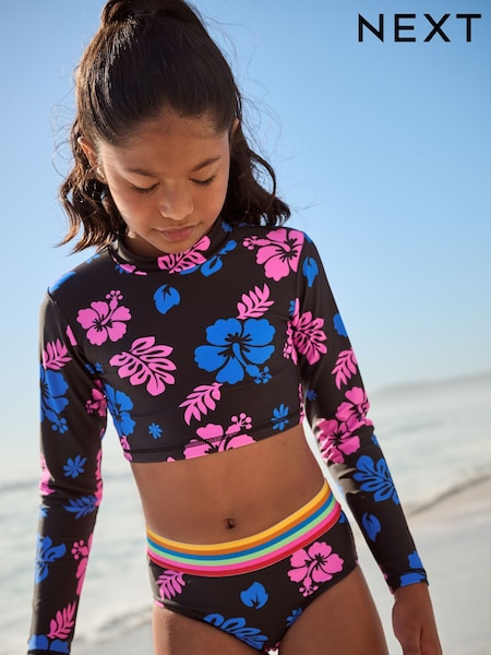 Black Tropical Print Long Sleeved Bikini (3-16yrs) (AH1108) | £16 - £21