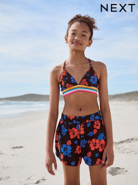 Black Tropical Bikini and Beach Shorts Set (8-16yrs) (AH1109) | £23 - £27