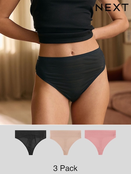 Black/Rose Pink/Praline Nude High Waisted Thong No VPL Stripe Knickers 3 Pack (AH1165) | £22
