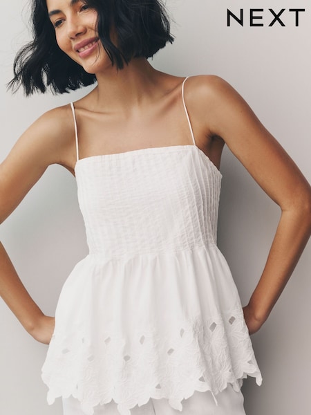 White Pintuck Embroidered Square Neck Cami (AH1199) | £39
