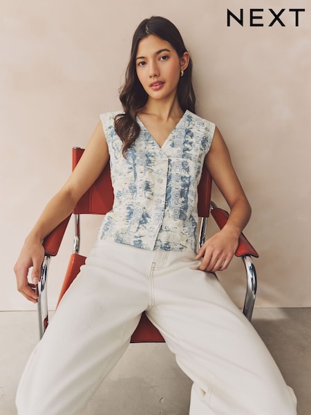 White/Blue Scenic Print Broderie Waistcoat (AH1207) | £24