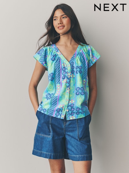 Blue Abstract Print Button Down Ruffle Sleeve Top With Linen (AH1223) | £22
