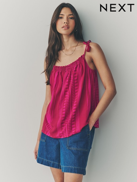 Red/Pink Print Tassel Strappy Cami With Linen (AH1224) | £24