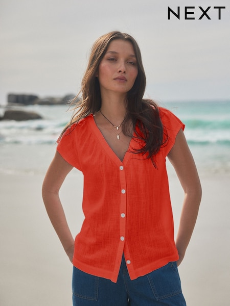 Red Button Down Ruffle Sleeve Top With Linen (AH1235) | £19