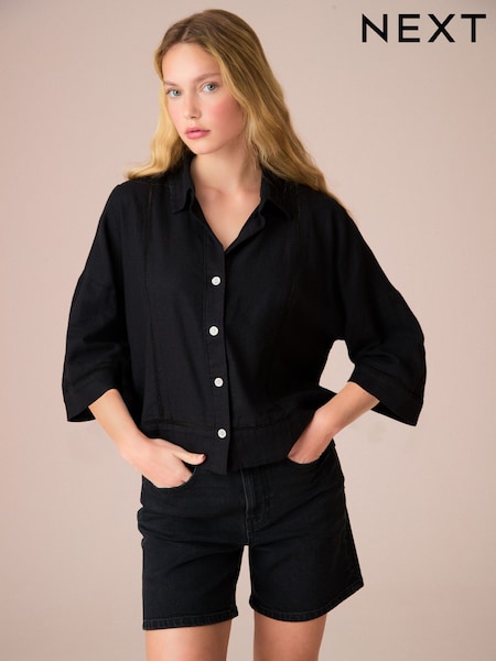 Black Linen Blend Short Sleeve Ladder Insert Shirt (AH1273) | £35