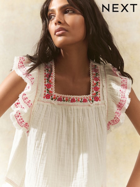 Cream Soft Short Sleeve Embroidered Square Neck Blouse (AH1281) | £45