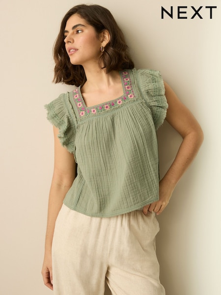 Khaki Green Soft Short Sleeve Embroidered Square Neck Blouse (AH1282) | £45