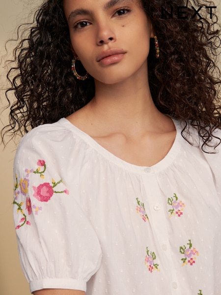 White Floral Embroidered Puff Short Sleeve 100% Cotton Top (AH1284) | £28