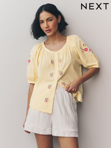 Buttermilk Yellow Floral Embroidered Puff Short Sleeve 100% Cotton Top (AH1285) | £28