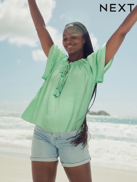 Green Short Sleeve Tie Neck Bardot Top (AH1287) | £24