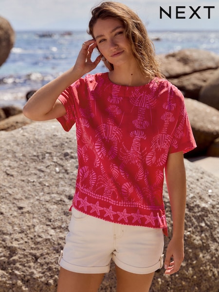 Red Lobster Print Textured Boxy T-Shirt (AH1293) | £27