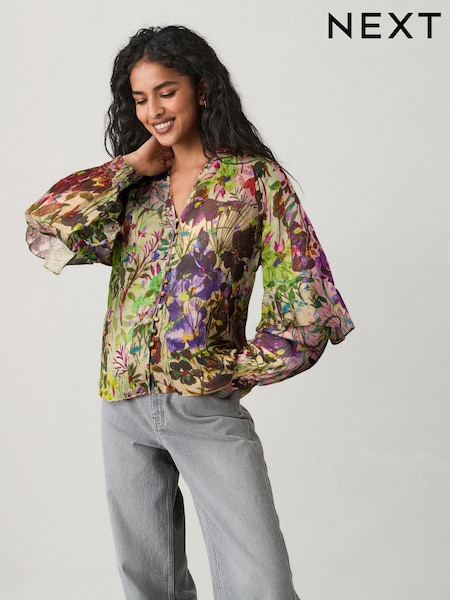 Floral Print Sheer Volume Long Sleeve Blouse (AH1297) | £48