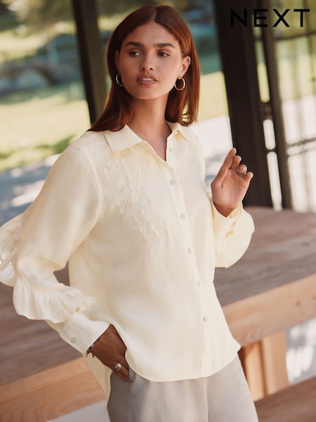 Neutral Ramie Ruffle Detail Embroidered Shirt (AH1305) | £58