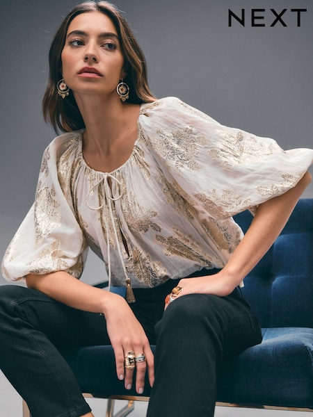 Gold Metalic Floral Print Volume Long Sleeve Tie Neck Blouse (AH1309) | £40
