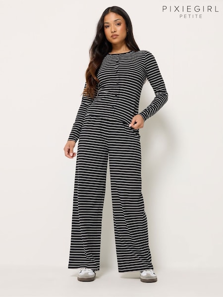 Black - Pixiegirl Petite Stripe Cotton Button Top & Wide Leg Trousers Set