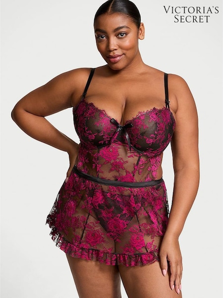 Victoria's Secret Black & Pink Lace Unlined Balcony Babydoll Set (AH3431) | £75