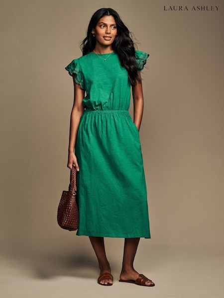 Laura Ashley Green Broderie Frill Sleeve 100% Cotton Jersey Dress (AH3525) | £35