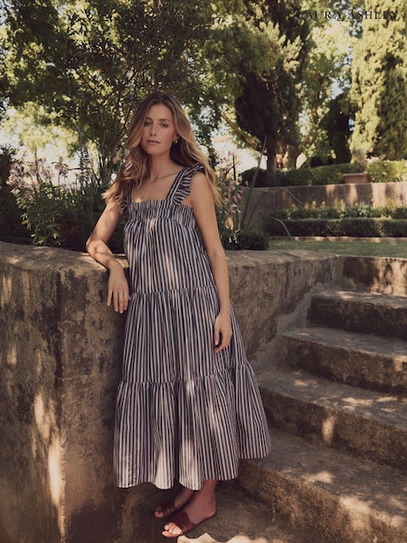 Laura Ashley Stripe Ruffle Strap Maxi 100% Cotton Dress (AH3526) | £55