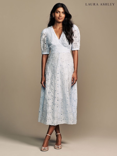 Laura Ashley Blue Floral Print Lace Midaxi Dress (AH3527) | £89