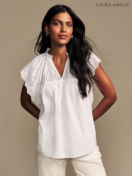 Laura Ashley White Seersucker Broderie 100% Cotton Blouse (AH3528) | £35