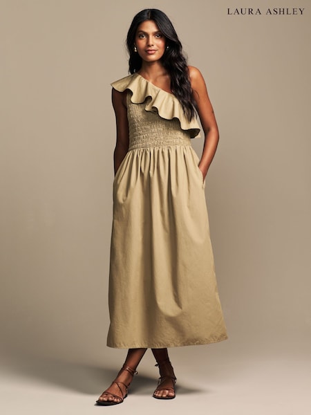 Laura Ashley Khaki Green One Shoulder Ruffle 100% Cotton Dress (AH3535) | £36
