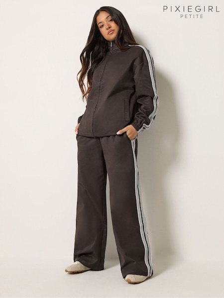 Brown - Pixiegirl Petite Side Striped Wide Leg Joggers