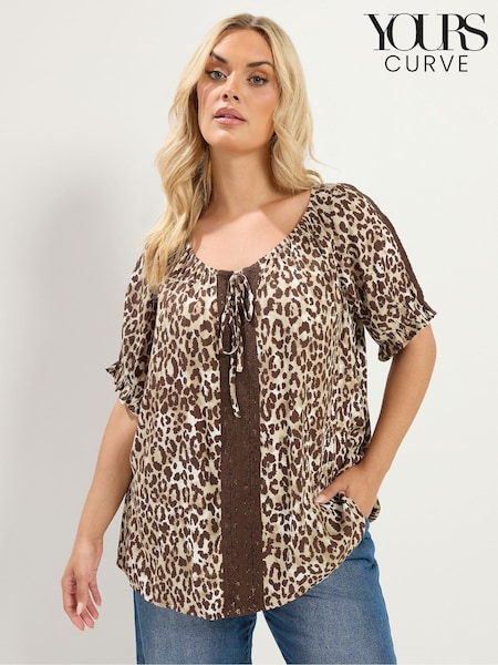 Brown - Yours Curve Leopard Crochet Tie Front Top