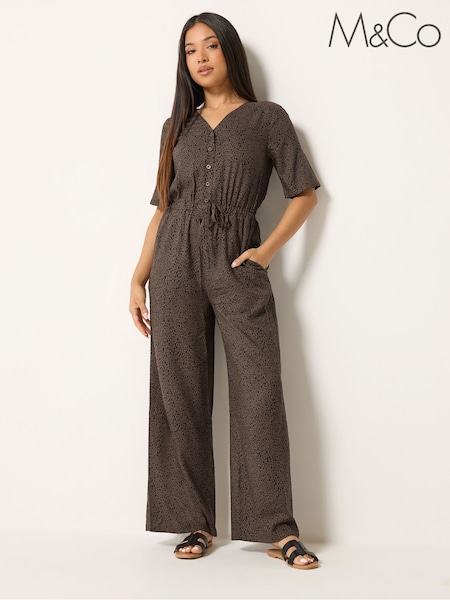 Brown - M&co Petite Short Sleeve Printed Jumpsuit