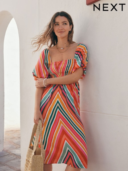 Multi Bright Puff Sleeve Off Shoulder Midi Dress (AH3613) | £32